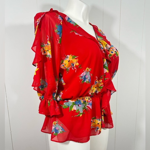 Lauren Ralph Lauren Peplum Top Black Label size XL tropical red floral vneck - Picture 4 of 11